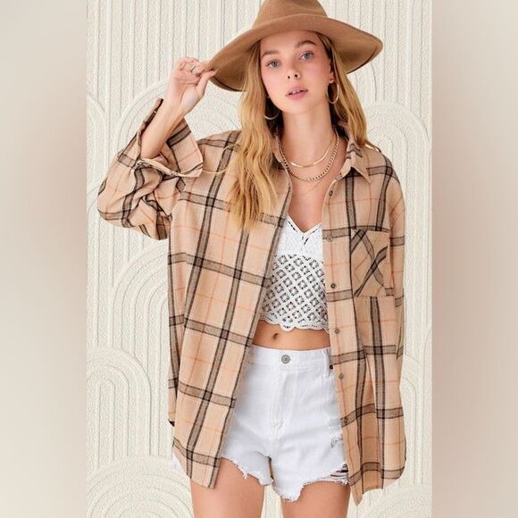 Women’s Oversized Plaid La Miel Encore Plaid Shirt in Tan Size Small Knee Length - Picture 1 of 5